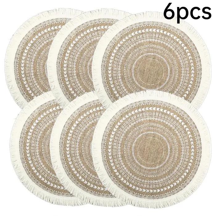 Set de 6 dessous-de-plat bohèmes en polyester tissé, napperons ronds à franges avec motif géométriqu