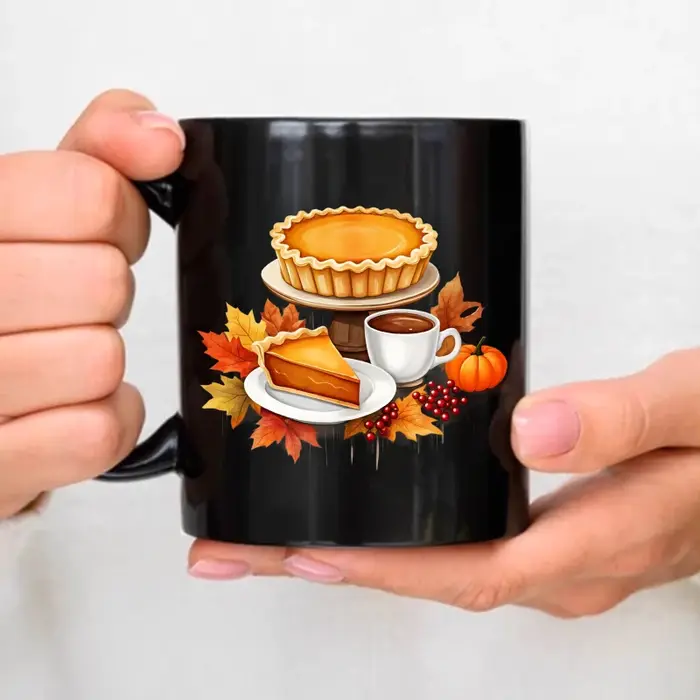 Tasse à café en céramique, noire, tarte d'automne avec motif de café, adaptée à l'automne