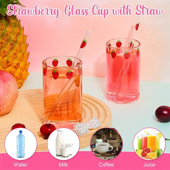 1pc Tasse en verre mignonne à motif fraise avec paille 300ml, Tasse à eau transparente créative, Tasse en verre résistante à la chaleur pour étudiant, pour lait et jus