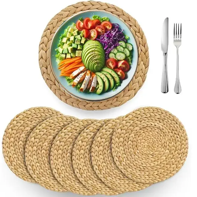 Napperons en rotin tissés à la main de 6 pièces – tapis de table ronds tissés