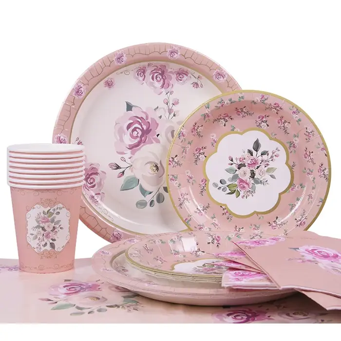 Fournitures de fête florales Vintage vaisselle fleur assiette en papier tasse serviette douche nuptiale mariage anniversaire décoration jardin Tea Party
