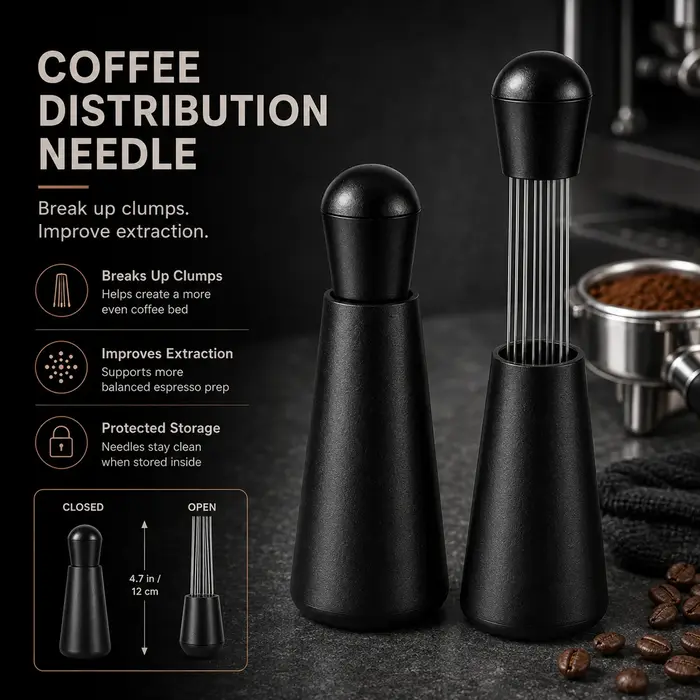 Un agitateur pour expresso, une aiguille à café pour poudre de café en vrac, et un outil WDT pour un