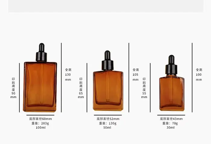 100 ml Flacon compte-gouttes d'huile essentielle rectangulaire à épaule plate ambre – Récipients cosmétiques en verre rechargeable de 100 ml