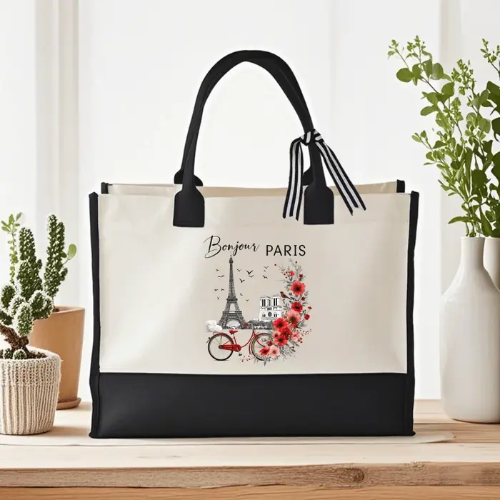 Fourre-tout en toile crème et noire avec "Bonjour Paris"