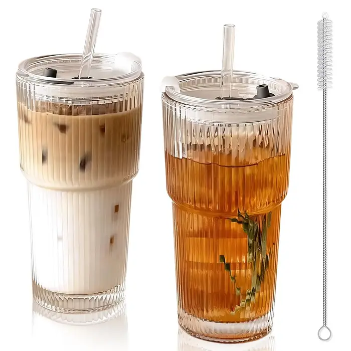 Lot de 2 gobelets à café glacé avec paille et couvercle