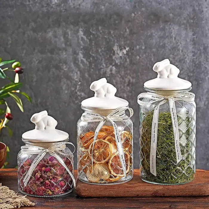 Pot scellé en verre transparent avec couvercle en céramique