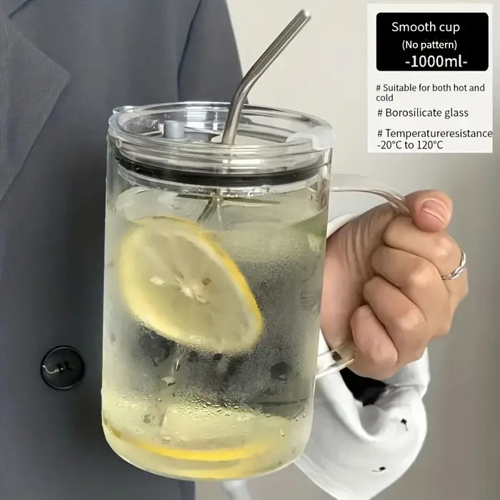 Grand verre avec couvercle et paille de 1l