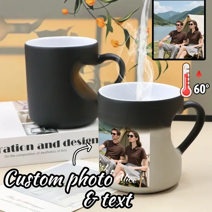 Mug à café personnalisé changeant de couleur avec photo et texte