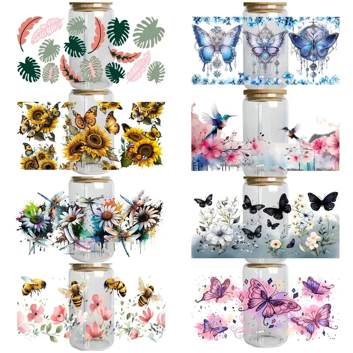Thème abeille miel 16oz Libbey verre tasse enveloppes bricolage UV DTF autocollant motif papillon étanche 3D