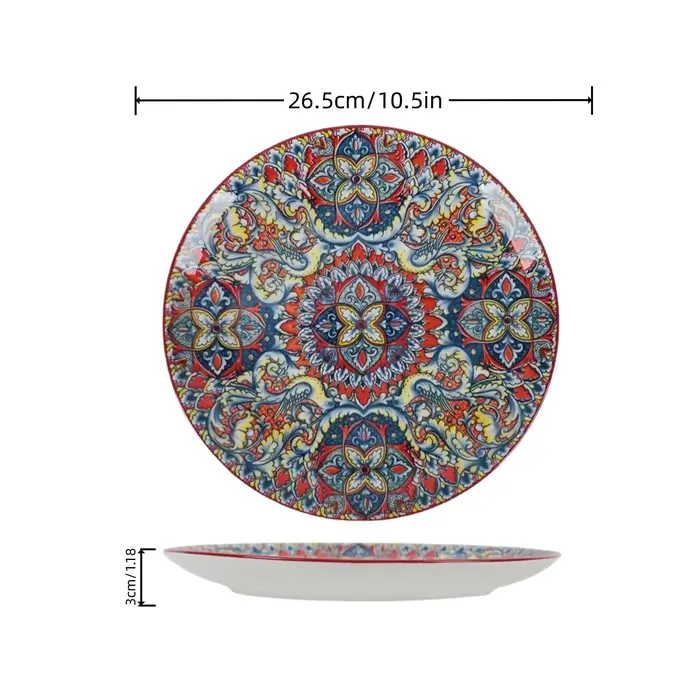 Assiette ronde en céramique de style bohème, assiette peu profonde créative, assiette à Steak exquis