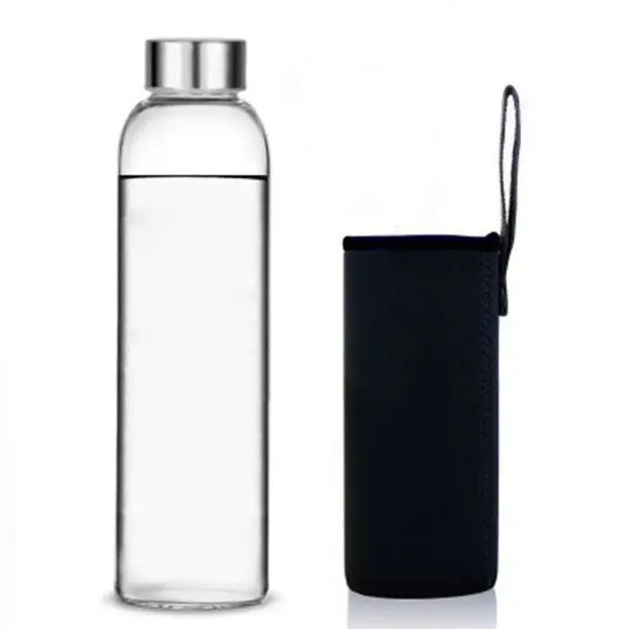 Bouteille d'eau en verre avec couvercle en acier inoxydable et sac de protection