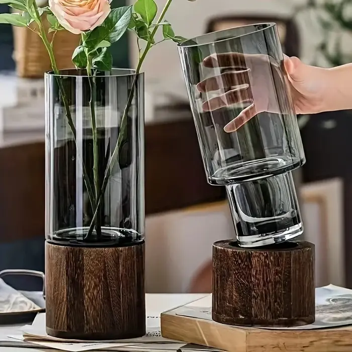 Vase en verre élégant avec Base en bois pour plantes hydroponiques