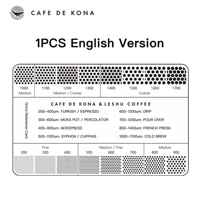 CAFEDE KONA carte de référence de mouture 200-1700um carte de Conversion d'outil de café moulu pour 