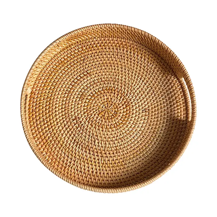 Plateau de service rond en rotin avec poignée, plateau organisateur de bureau robuste de grande capa