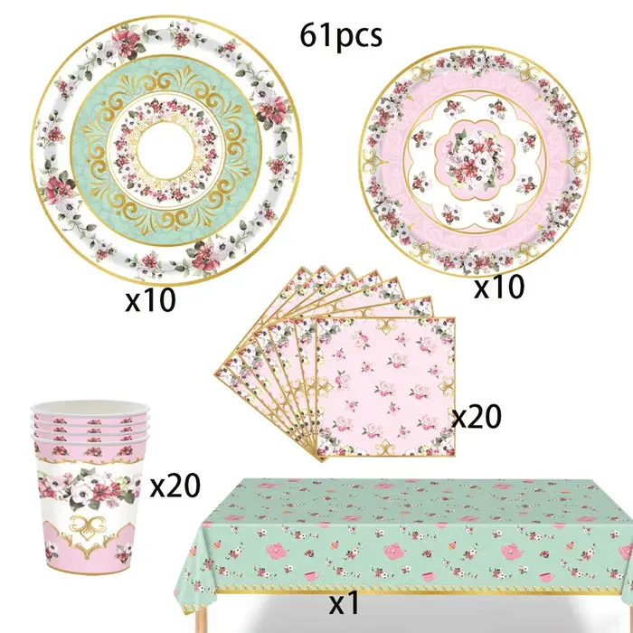 Vaisselle Jetable Thème Thé Rétro Filles Anniversaire Fleurs Assiettes En Papier Tasses Serviettes EVJF Mariage Décoration Élégante Fête Prénuptiale Baby Shower Fournitures De Table Floral Romantique