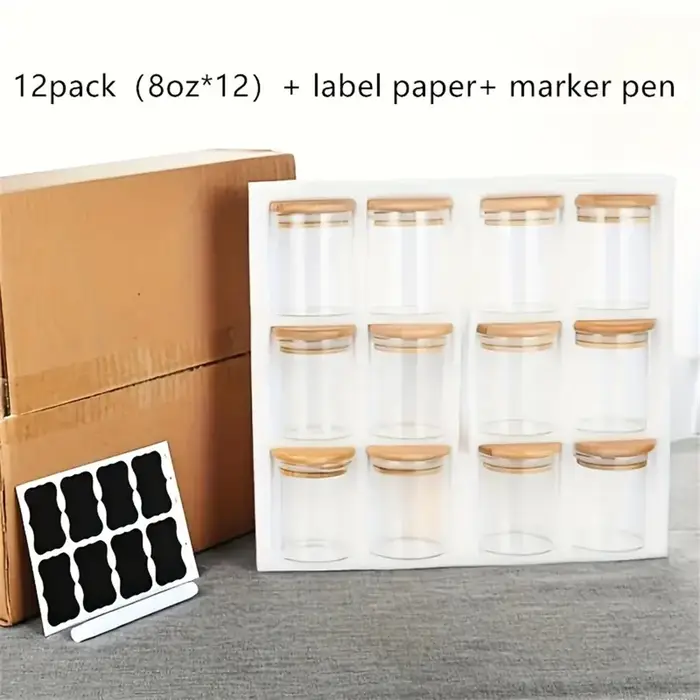 12 pots en verre avec couvercle en bambou 250 ml