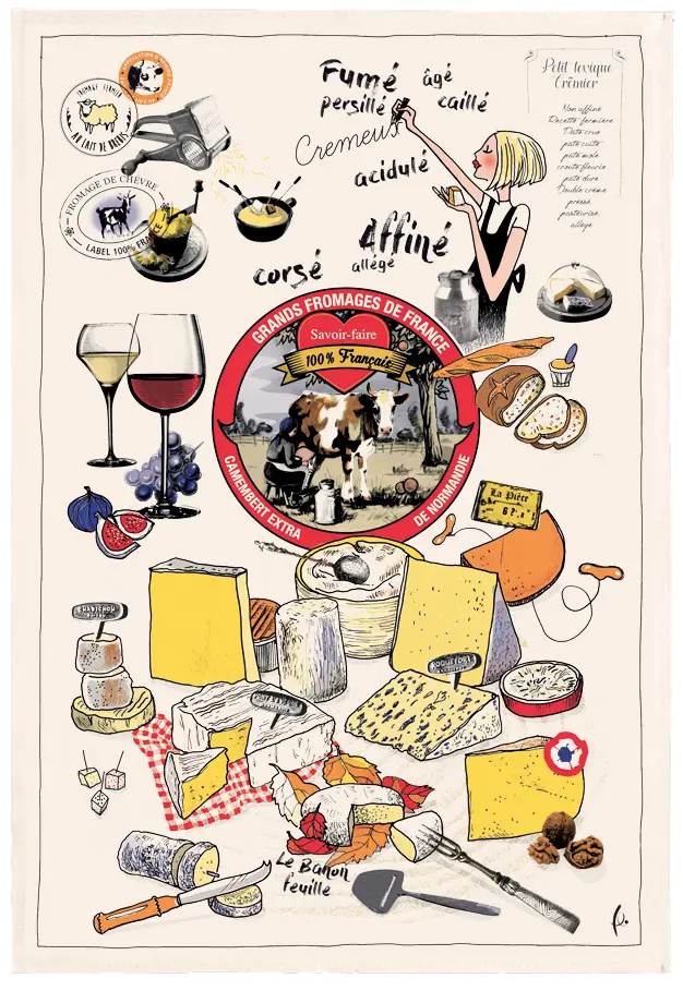 Torchon Imprim Les grands fromages Ecru 48 x 72