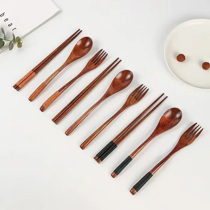Ensemble de couverts en bois écologiques réutilisables portables-baguettes cuillère fourchette ustensiles de salle à manger durables faciles à nettoyer