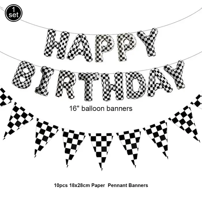 Vaisselle à carreaux noir et blanc pour la décoration de table sur le thème des sports de course, assiettes à dessert, serviettes pour voiture de course, anniversaire