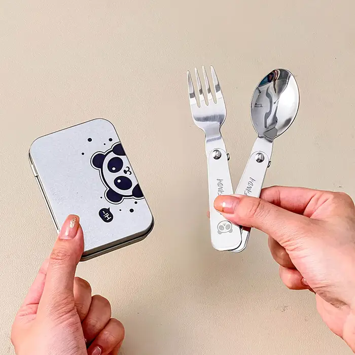 WORTHBUY Service de vaisselle pliable Portable 3 pièces/ensemble, fourchette pliante en acier inoxydable 304, cuillère avec boîte à couverts, vaisselle de pique-nique mignonne