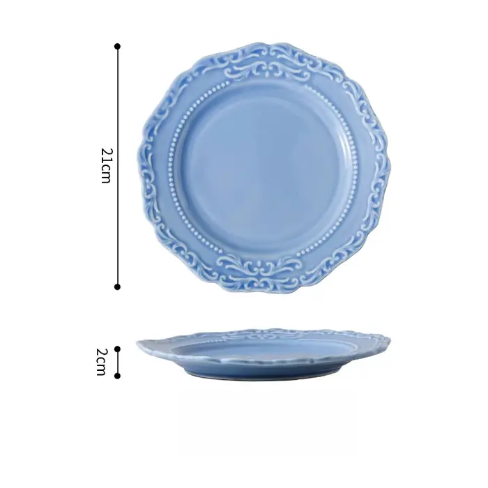 Assiette à manger occidentale en céramique, décoration de maison en Relief haut de gamme française, couleur sous glaçure