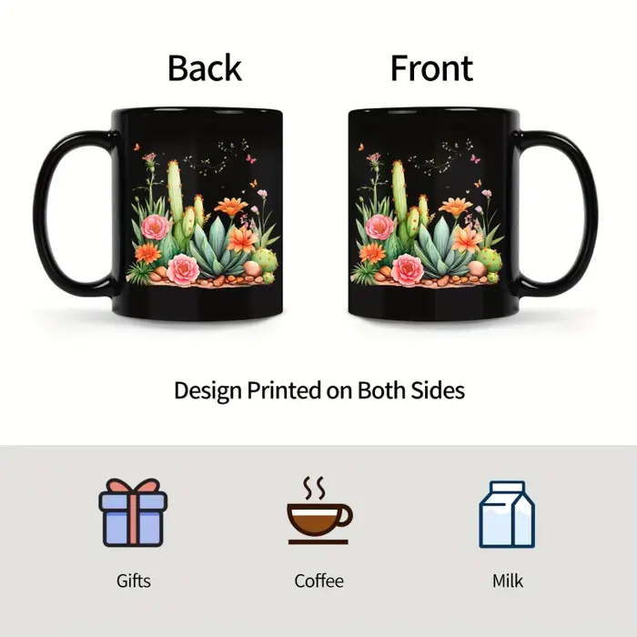 Tasse en céramique Cactus noir et fleurs