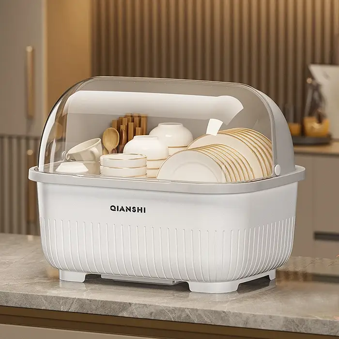 Égouttoir à vaisselle avec couvercle de protection - Meuble de rangement de cuisine peu encombrant et anti-poussière
