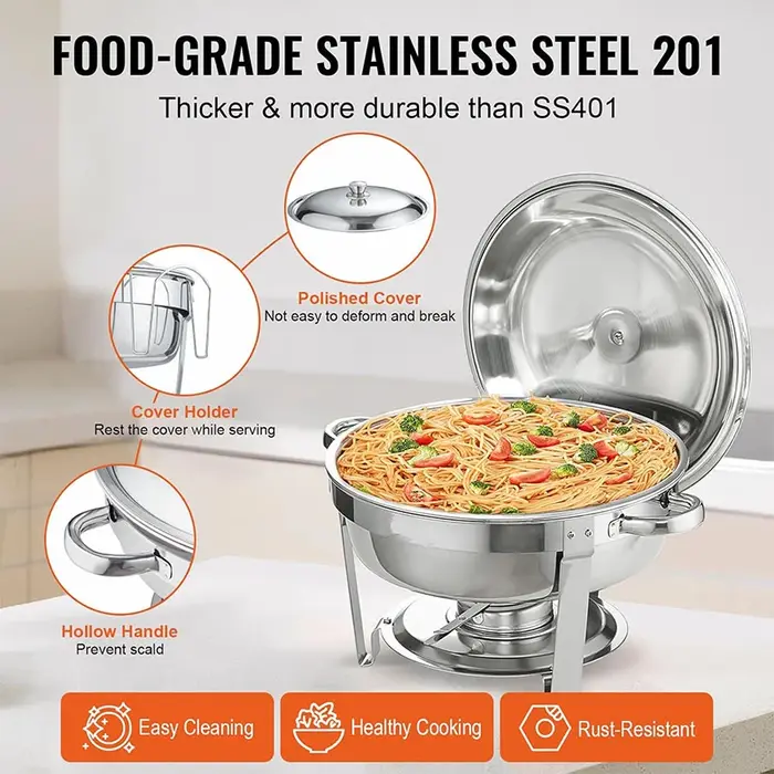 Ensemble de buffet à réchauds ronds en acier inoxydable 5QT