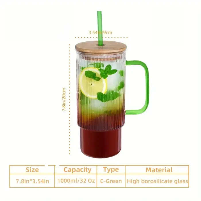 Gobelet en verre nervuré d'inspiration vintage de 900 ml avec couvercle et paille en bambou – Poignée multicolore pour