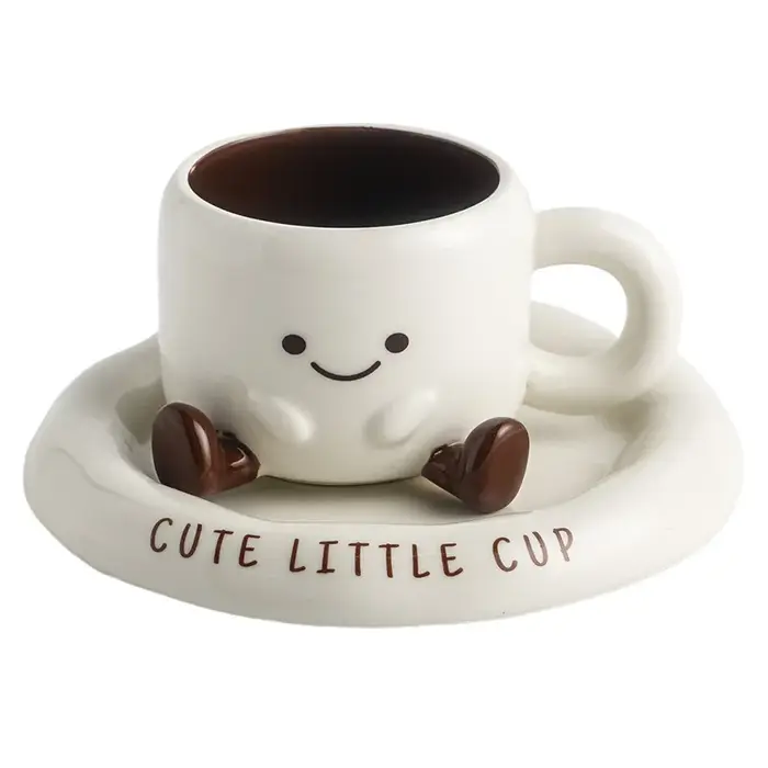 Mignonne petite tasse à café en céramique avec visage souriant et soucoupe, ensemble de tasses créatives de style dessin animé pour café, thé, lait