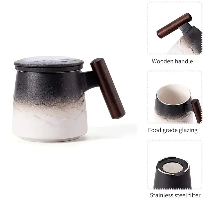 Tasse à café thermique en céramique avec poignée en bois
