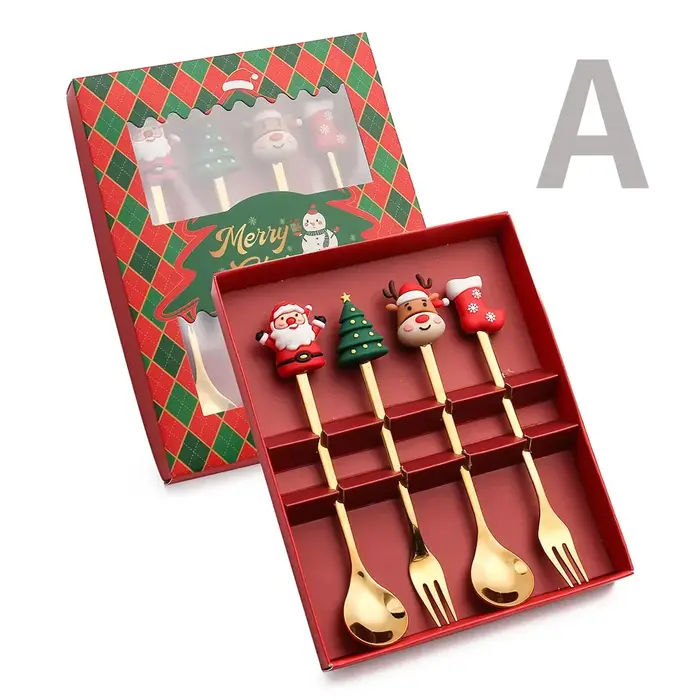 4 pièces/ensemble cadeau de noël or argent cuillère fourchette ensemble wapiti arbre