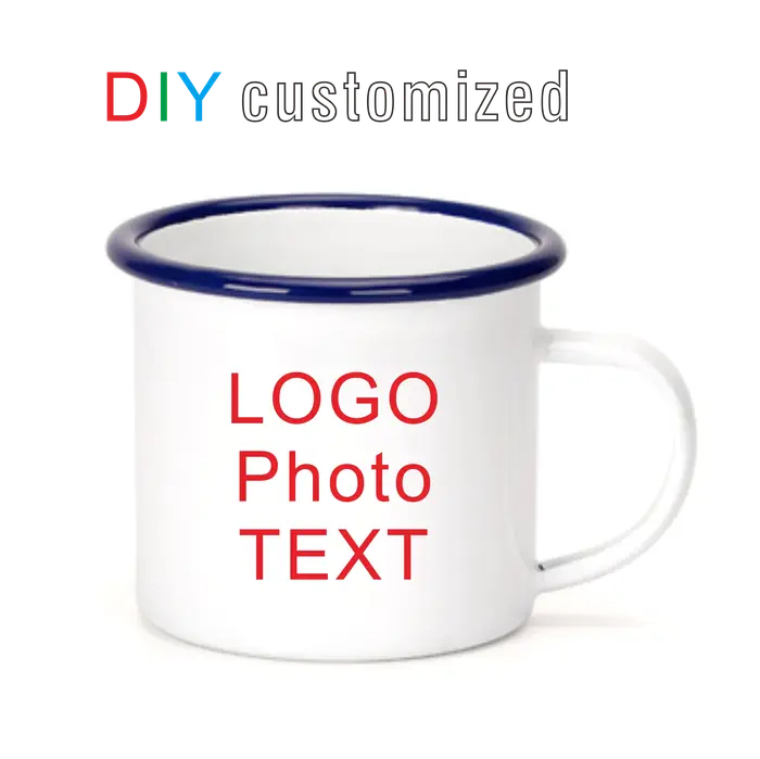 Tasse à café en émail personnalisée, texte photo avec LOGO DIY, tasse à bord bleu, noir, couleur arg