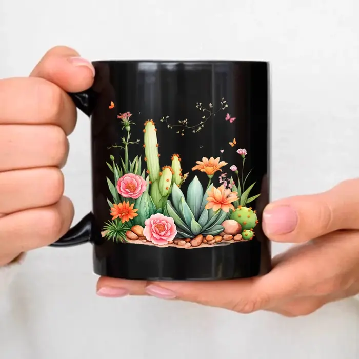 Tasse en céramique Cactus noir et fleurs, Design de jardin, café, thé, petit déjeuner, bureau, maiso
