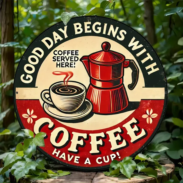 Pancarte Métallique Ronde Vintage « Bonne Journée Commence avec du Café » au Design Rétro