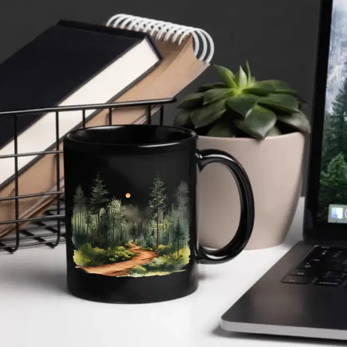 Tasse en céramique, sentier de la forêt noire avec motif lune et arbre