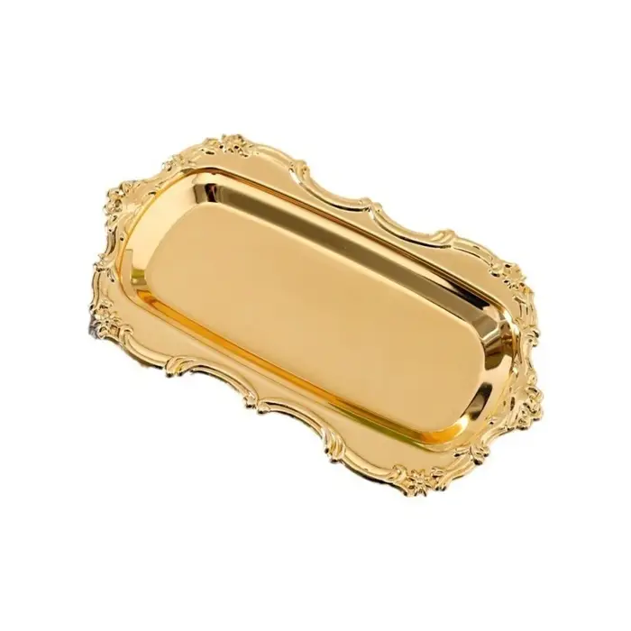 Plateau de service rétro en acier inoxydable style européen vintage, motif gaufré or/argent, pour de