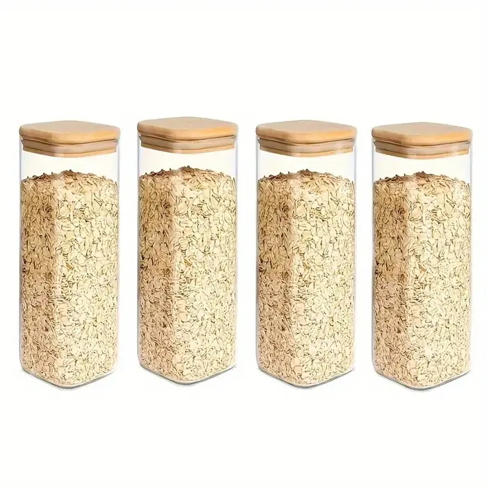 Pot de stockage des aliments en verre avec couvercle en bambou, pot de stockage de cuisine transpare