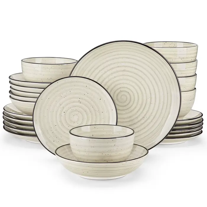 vancasso -Ensemble de vaisselle en céramique, ensemble d'assiettes beiges, spirale peinte à la main,