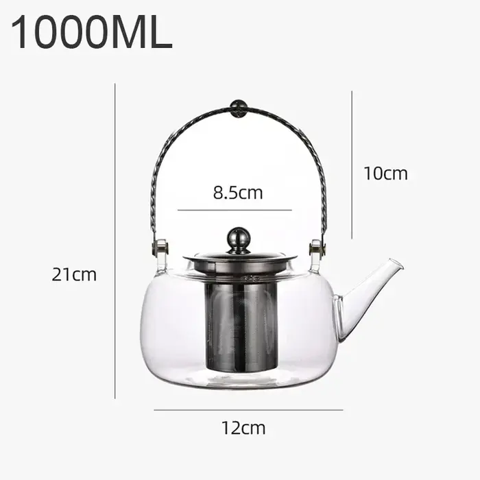 Théière en verre gris de 1,2 L avec infuseur, résistante à la chaleur, bouilloire à thé transparente