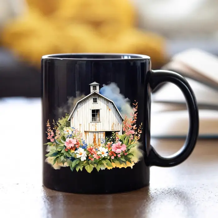 Tasse à café en céramique avec grange de ferme noire avec motifs floraux et légumes pour la maison