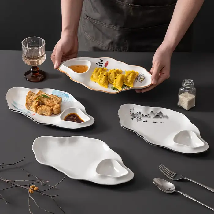 Assiette à raviolis 1 pièce avec coupelle à vinaigre, forme créative spéciale, pour restaurant et usage domestique, assiette à frites et raviolis, vaisselle de table domestique
