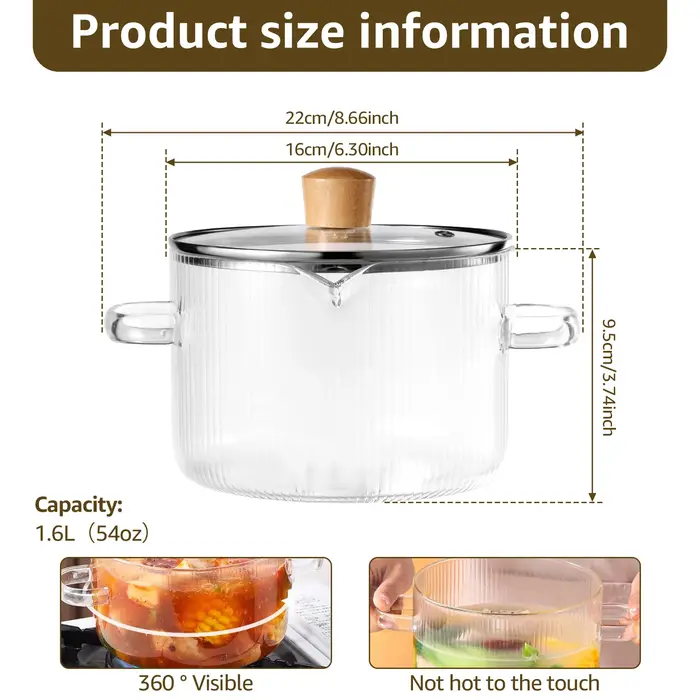 Marmite en verre 1.6/2.3L avec couvercle, casserole en verre, bols à céréales, marmite pour poêle, h