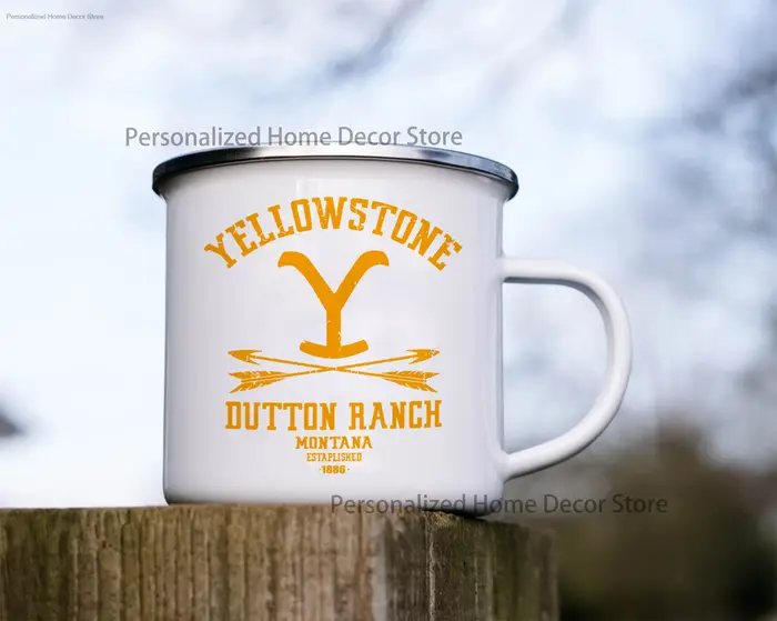 Tasse à café émaillée Yellowstone, 11oz, en céramique, pour café, thé, cacao, poignée, tasse de bois