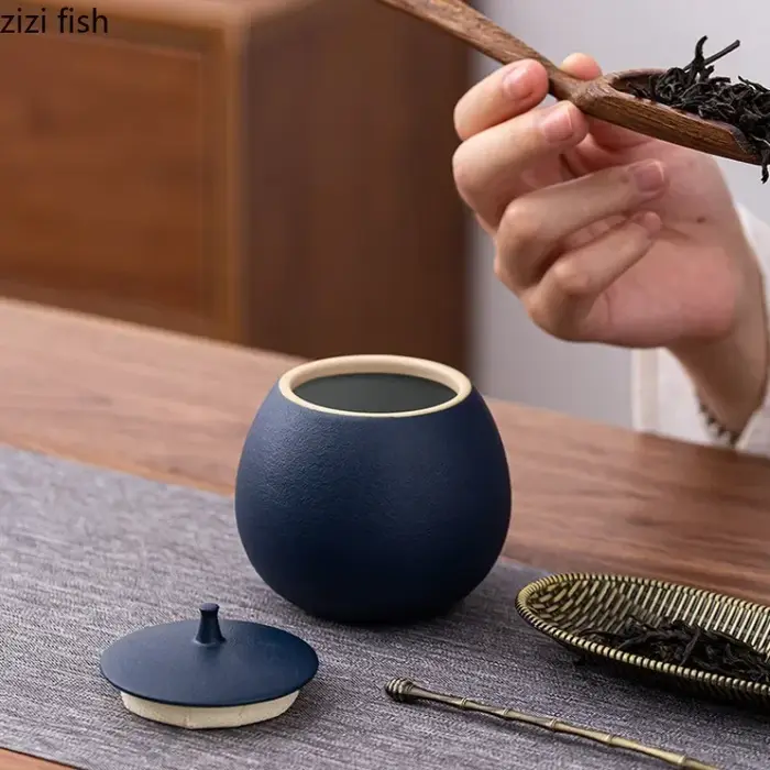 Boîte à thé en grès pot rond scellé caddie à thé en céramique