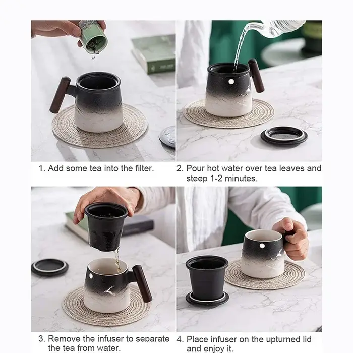 Tasse à café thermique en céramique avec poignée en bois