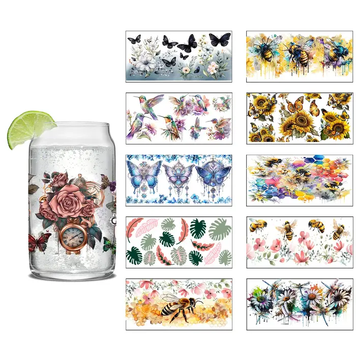Thème abeille miel 16oz Libbey verre tasse enveloppes bricolage UV DTF autocollant motif papillon étanche 3D
