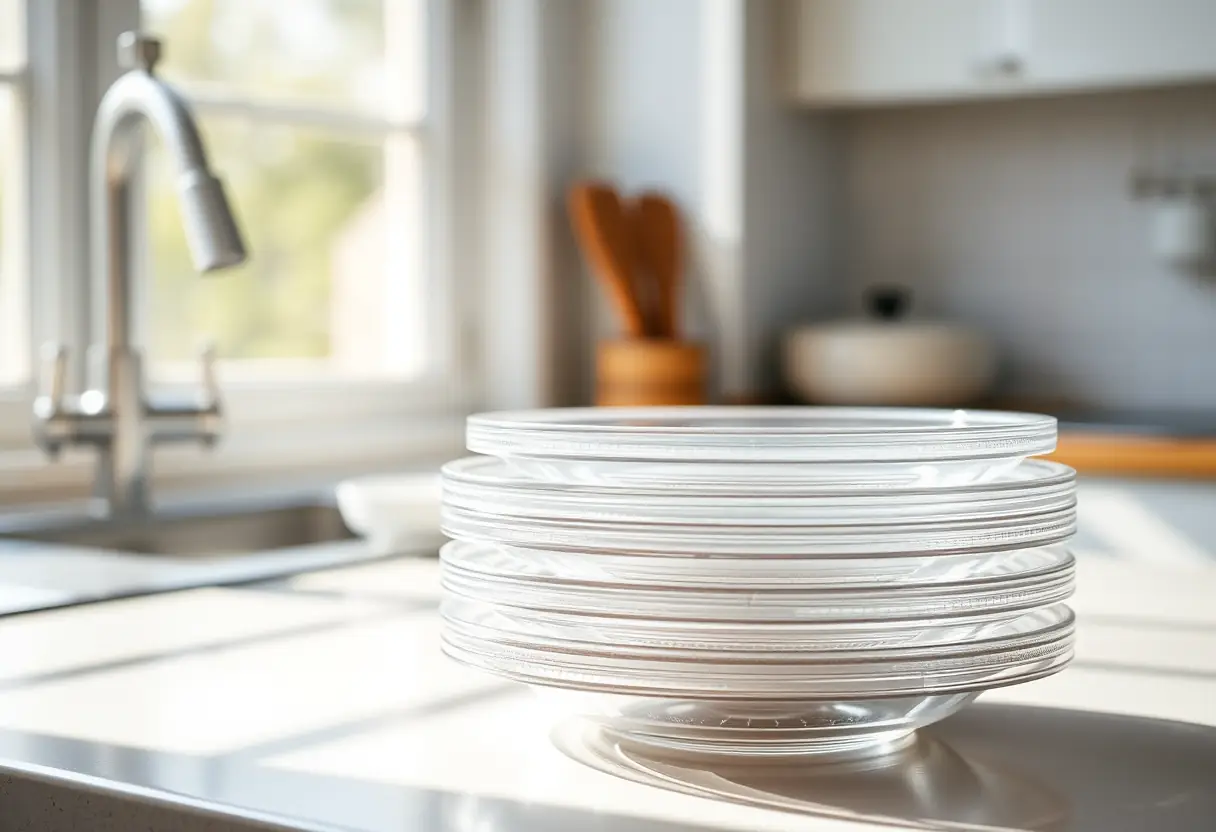 Un tas d'assiettes en plastique sur un comptoir de cuisine