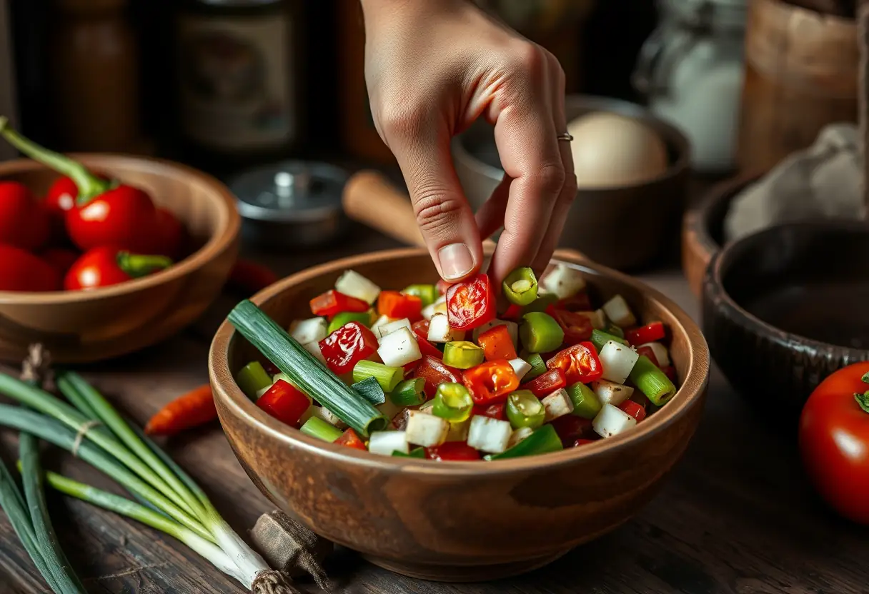 Main de cuisinier choisissant des légumes dans un bol