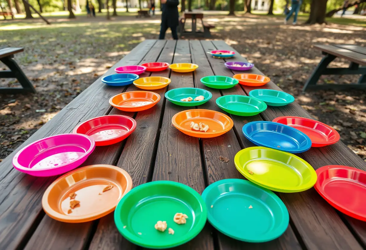 Une table de pique-nique dans un parc avec des assiettes plastiques réutilisables de différentes couleurs éparpillées autour